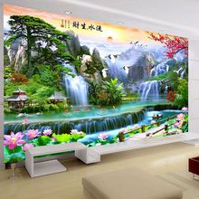 中式客厅风景8D电视背景墙壁纸迎客松山水墙画布流水生财墙纸壁画