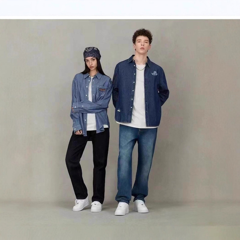 Evisu 2025 New Couple's Casual Sports Trendy Printed Denim Shirt with Seagull Embroidery Evisu 2025 New Couple's Casual Sports Trendy Printed Denim Shirt with Seagull Embroidery