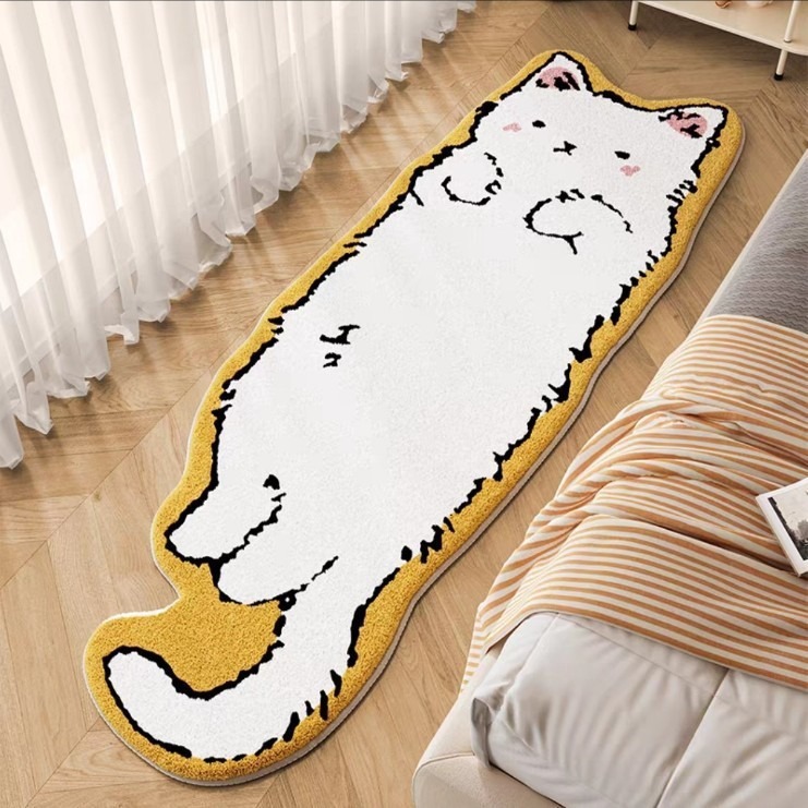 Cartoon Cat Imitation Cashmere Carpet for Home Bedroom Bedside, Water-Absorbent Non-Slip Foot Mat, Soft Plush Cooling Foot Mat