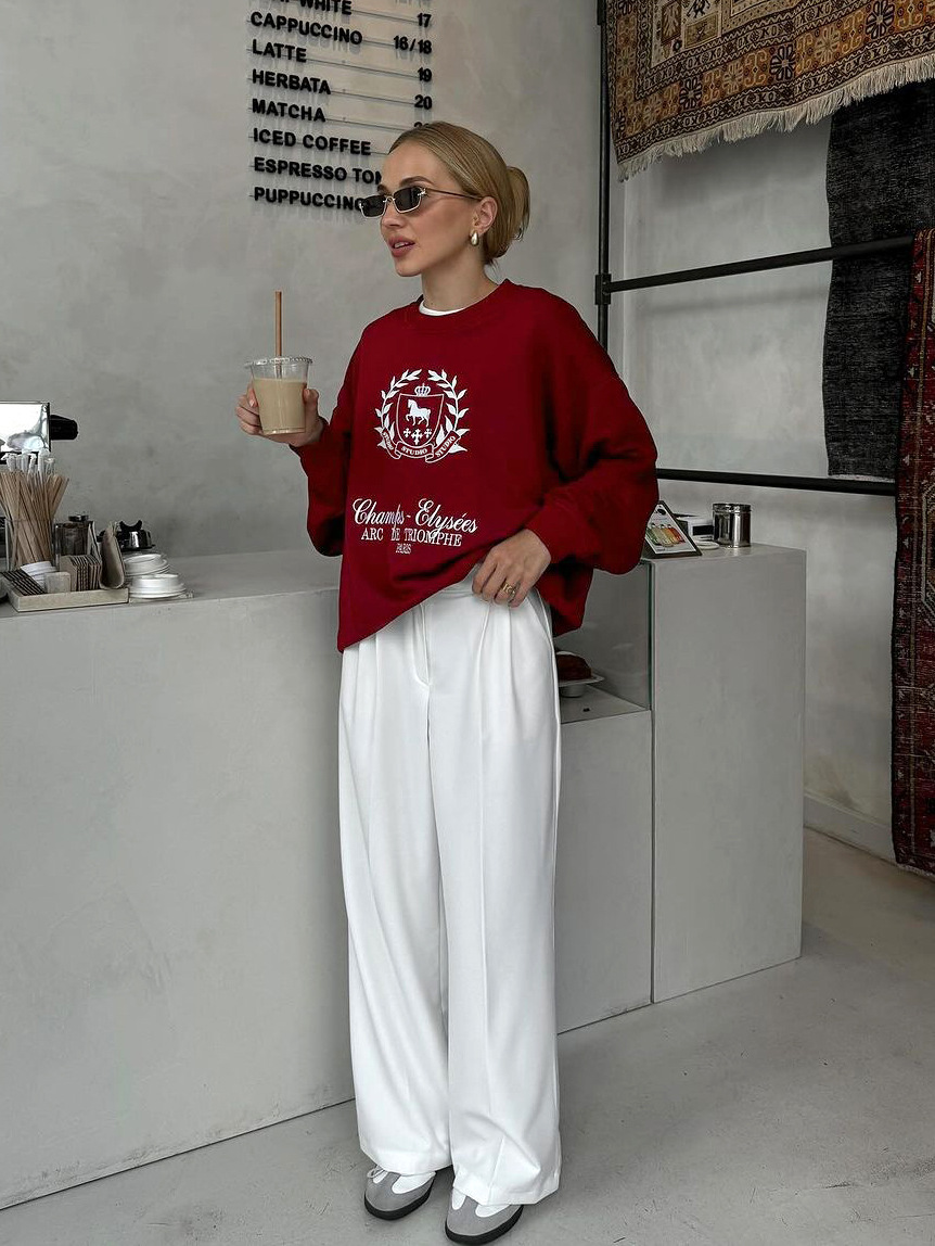 Spring Ankela Red round Neck Women Printed Pullover Sweatshirt Loose Top