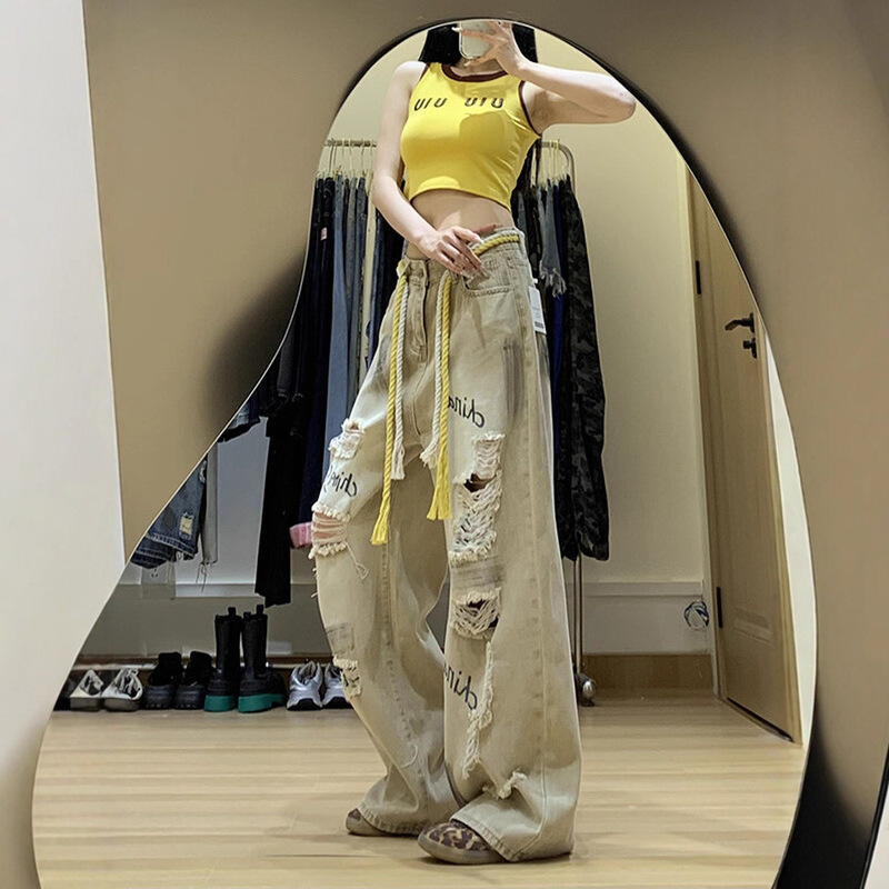 American Retro Apricot Dirty Ripped Beggar Jeans Women's Spring and Autumn Tie-Dye Straight Wide-Leg Floor-Length Pants