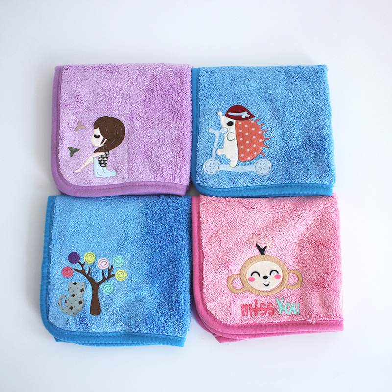 Korean style coral fleece children's absorbent soft thickened cartoon hair drying towel kindergarten hanging small square towel