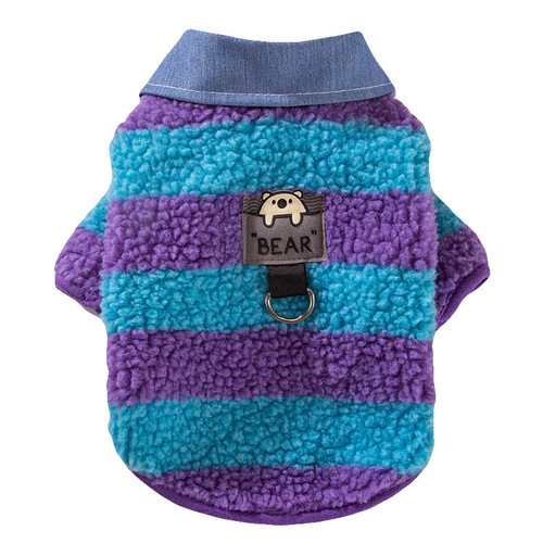 Dog clothes, autumn and winter striped shirt collar, fleece jacket, warm and tractionable, pet clothes for small and medium-sized dogs and cats