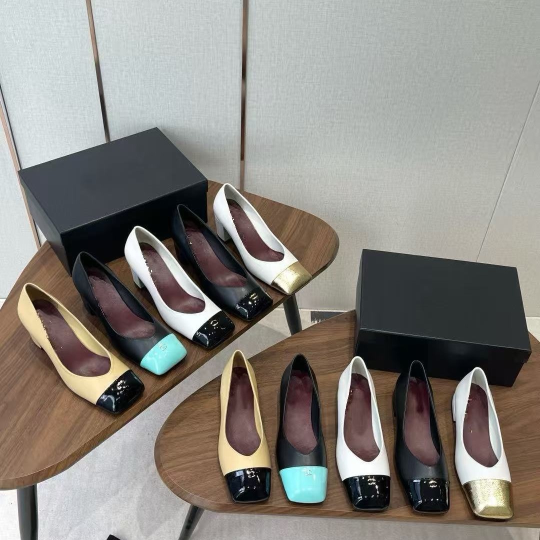 2026 New Model Chanel-Style Color-Blocked Square-Toe High Heels Retro Fashion Chunky Heel Mary Jane Shallow Pumps for Women