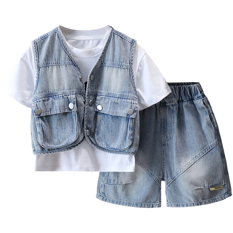 7261 Conjunto de chaleco para niños, moda para niños guapos, calle frita, ropa de verano, ropa de verano roja, traje de mezclilla de tres piezas, verano