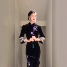 自制高级刺绣手工丝绒旗袍倒大袖旗袍连衣裙