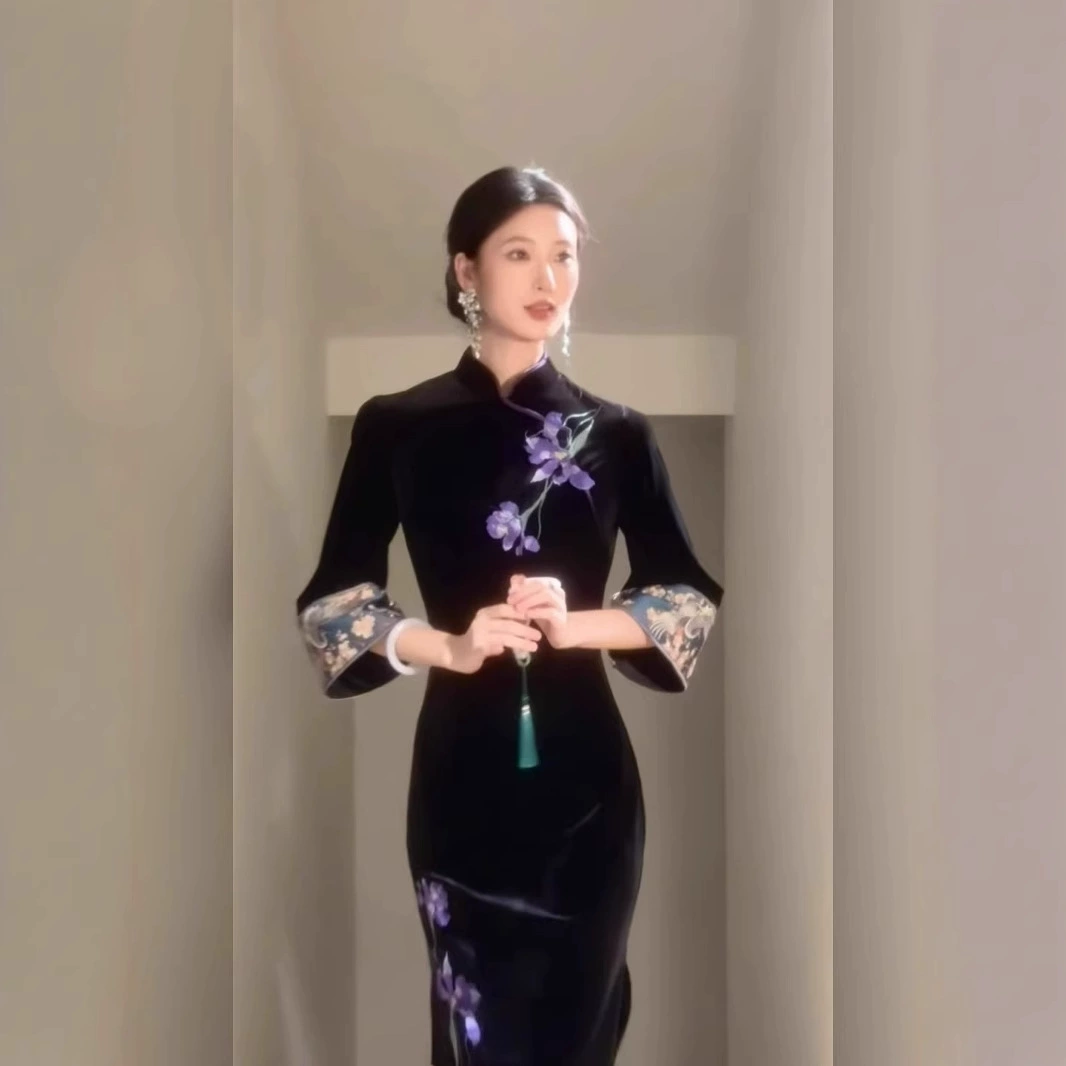 Домашнее платье cheongsam с большими рукавами с вышивкой высокого класса ручной работы