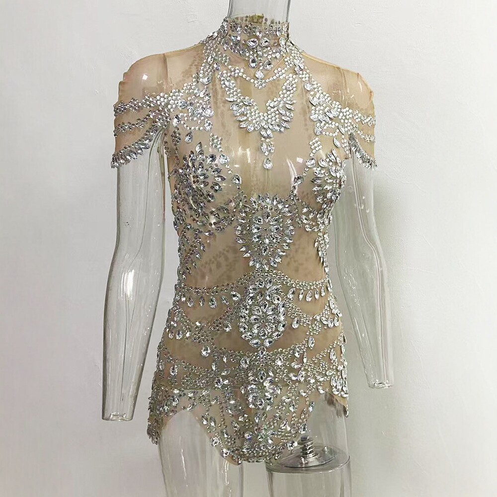 European and American Style Heavy-Duty Rhinestone Jumpsuit, Slim-Fitting Sexy Stage Performance Outfit, Hollow-Out Tight-Fitting Long-Sleeve Jumpsuit