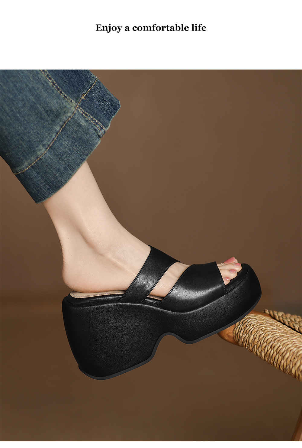 Dép sandal nữ đế xuồng một dây phong cách châu Âu, gót cao 7 cm — đen chi tiết 10