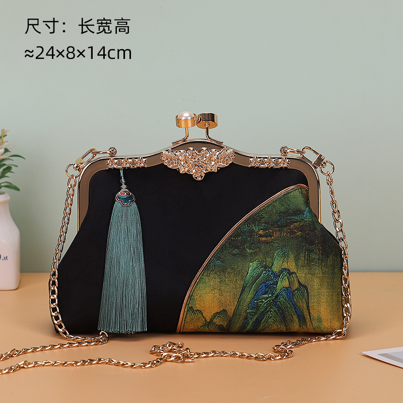 千里江山図手作り布 DIY 材料バッグハンドバッグ竹ハンドルリップ型口ゴールドバッグ未完成品|undefined