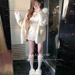 杏色毛毛领连帽毛衣外套女秋冬季加厚慵懒宽松针织开衫小香风上衣