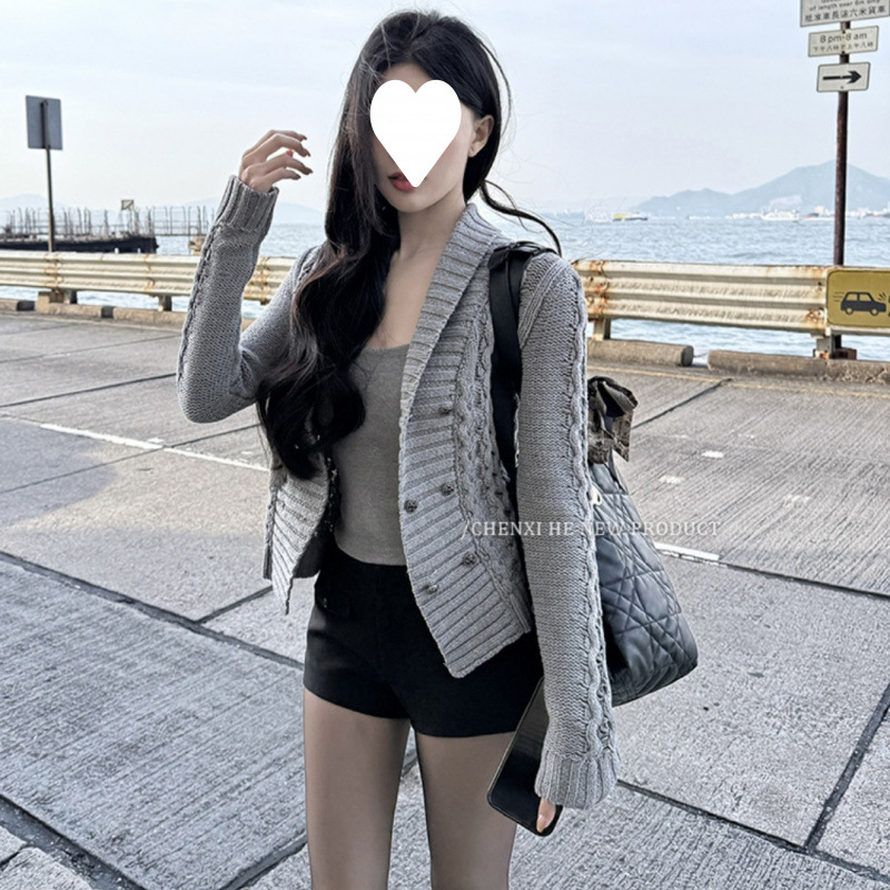 Coreano relajado correa de cintura de manga larga de punto cardigán femenino de alta calidad casual doble chaqueta de botón