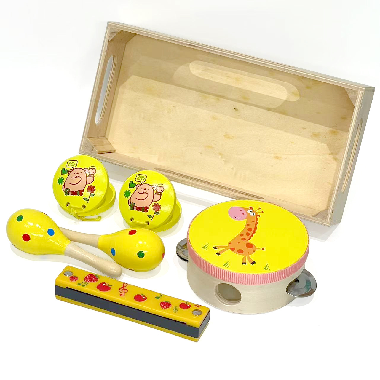 Orff niños percusión instrumento traje arena martillo armónica sonido tablero pandereta juego de cuatro piezas de enseñanza ayuda traje combinación