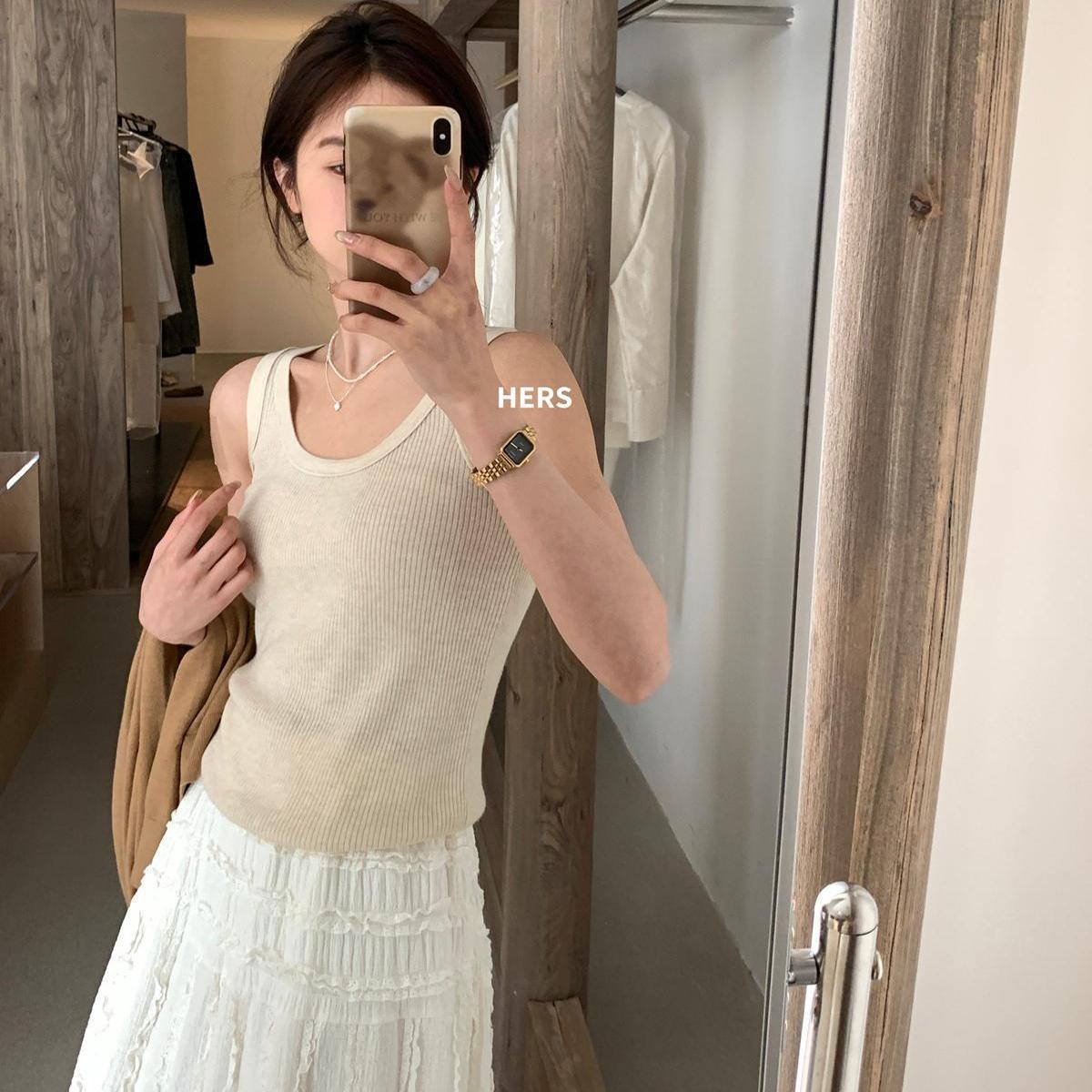 Hers estilo coreano simple diario de un solo producto de viaje chaleco de cuello redondo para mujer camisa de fondo delgada elástica con cuello en U grande 20460
