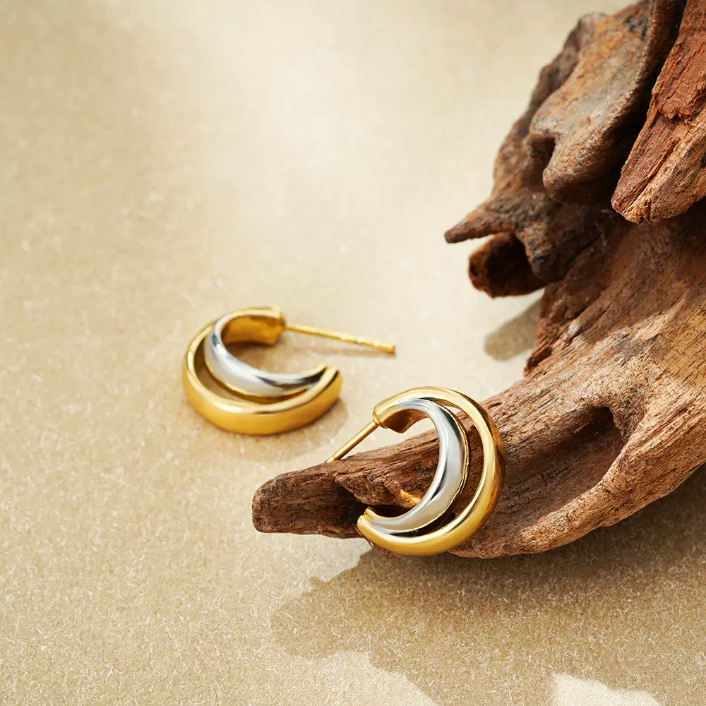 欧美新款个性时尚简约几何18K金银耳环宽面双层C形耳环撞色耳环