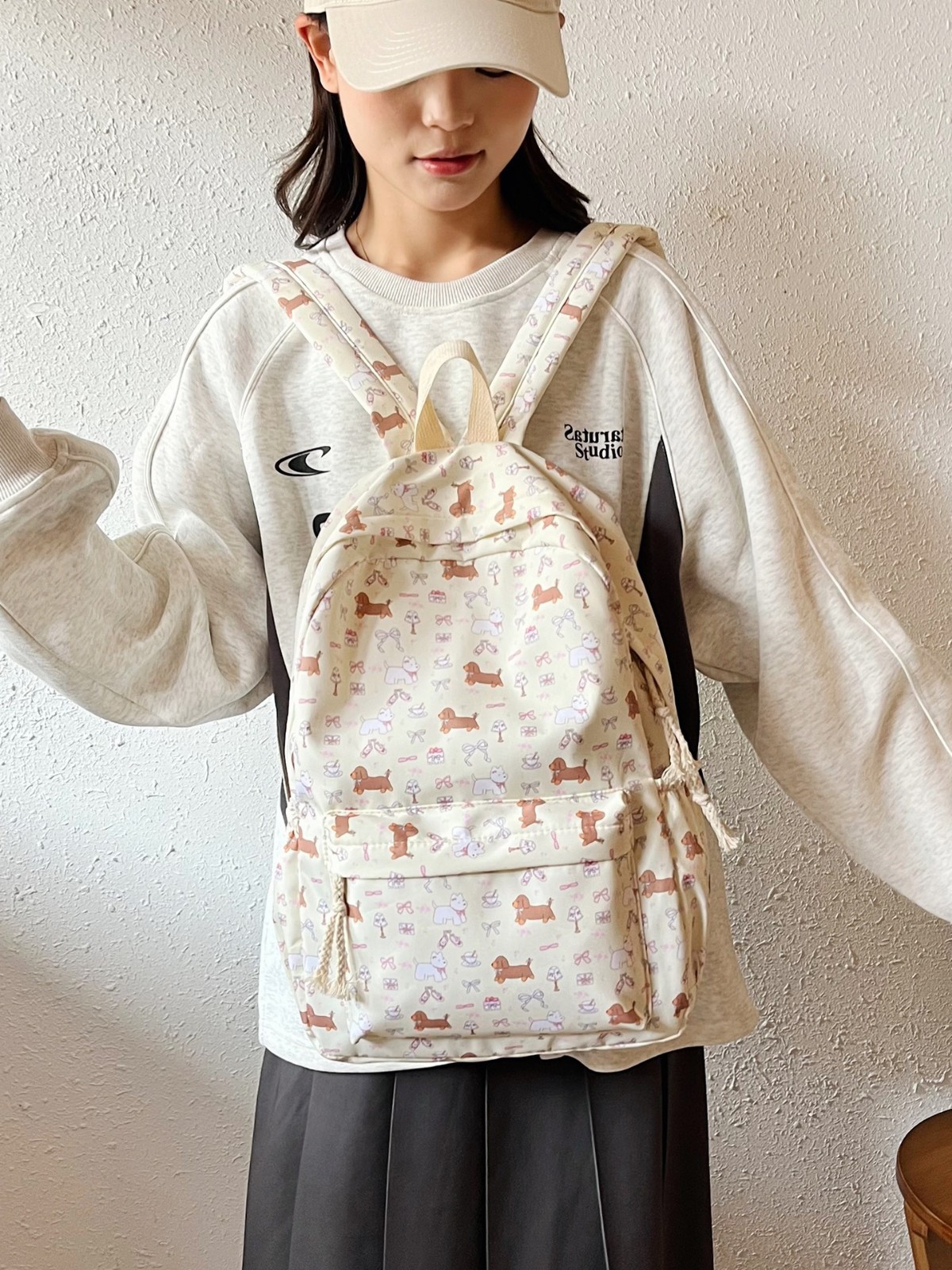 Original Handmade Gentle Japanese Style Cute Floral Blue Cap Dachund Dog School Bag Middle School High School University Student Backpack