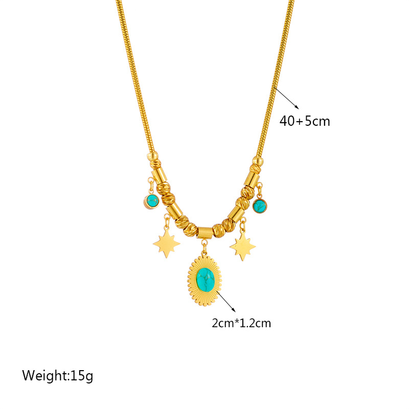 Fashion Round Titanium Steel Plating Inlay Turquoise Pendant Necklace 1 Piece