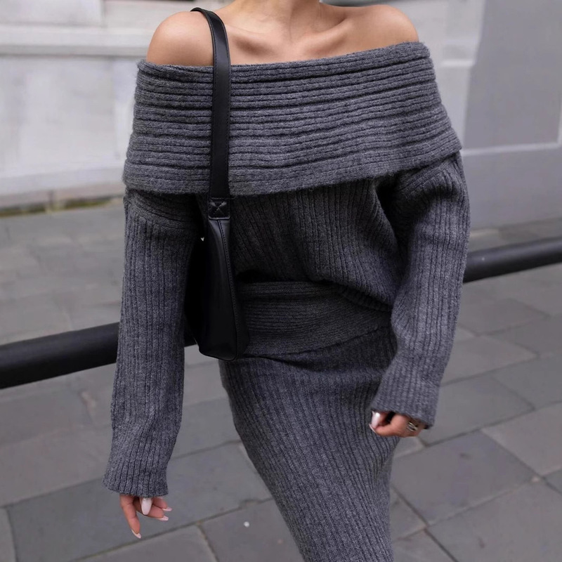 Cross-border 2025 Spring and Autumn New European and American Style Slim Shoulder Loose Solid Color Knitted Sweater Two-piece Long Sleeve Set