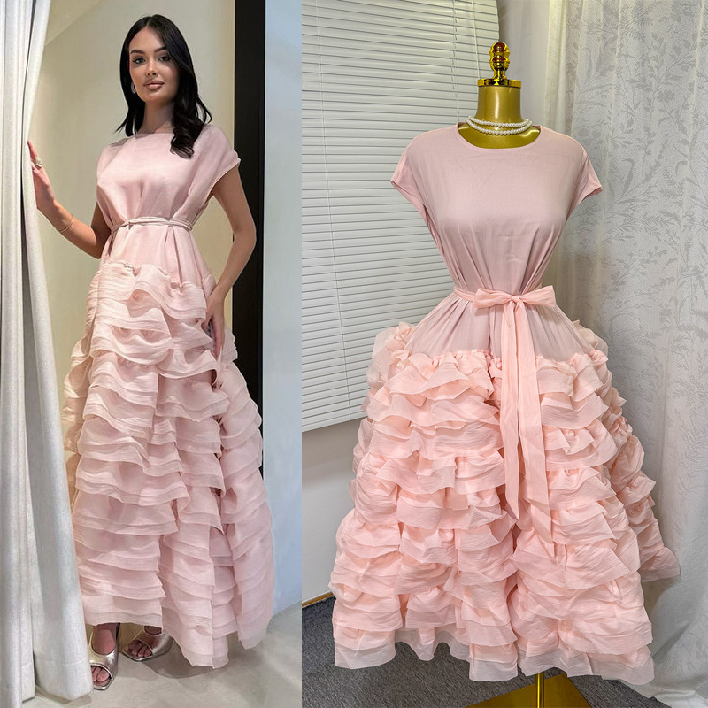 Cross-Border 2026 Spring/Summer New Elegant Solid Color Round Neck Sleeveless Dress with Loose Tie and Multi-Layered Ruffles Long Dress