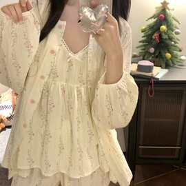 韩国ins睡衣女士韩系温柔花色简约舒适花边三件套休闲宽松家居服