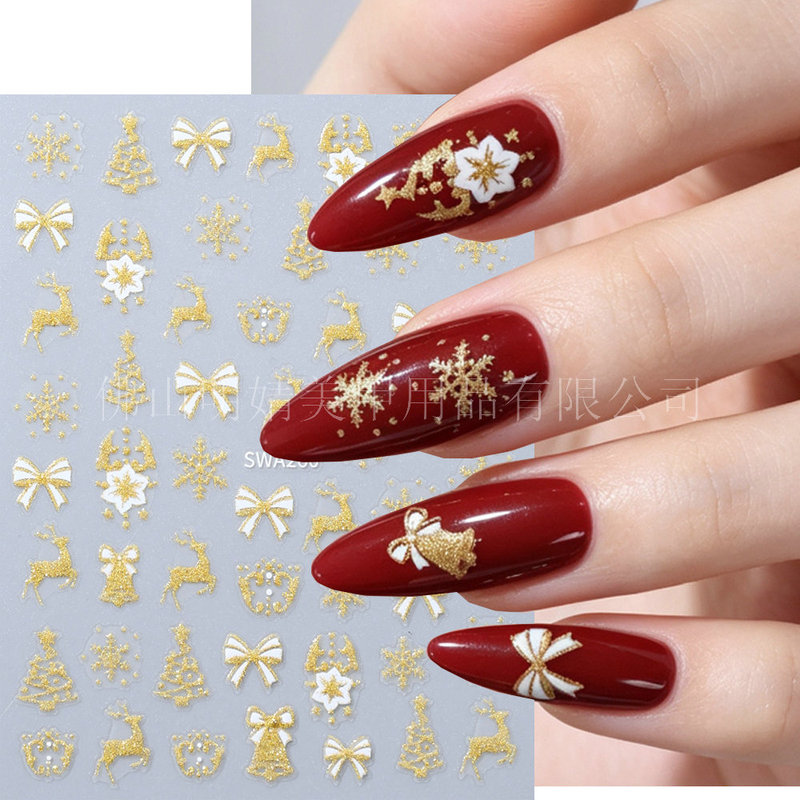Gold Foil Glitter Christmas Nail Stickers with Reindeer, Snowflake, and Bow Designs for a Festive Christmas Manicure DIY Decoration Gold Foil Glitter Christmas Nail Stickers with Reindeer, Snowflake, and Bow Designs for a Festive Christmas Manicure DIY Decoration