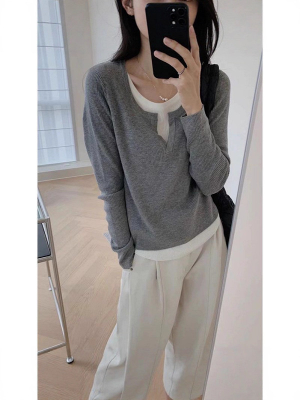 黑色假两件长袖T恤女春秋不规则拼接修身显瘦内搭针织打底衫上衣|undefined