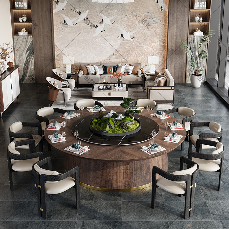 Nueva habitación privada de estilo chino con mesa giratoria eléctrica de losa de piedra, mesa redonda grande de madera maciza de 1.8 m para 24 personas, juego de mesa y sillas de comedor para hotel.