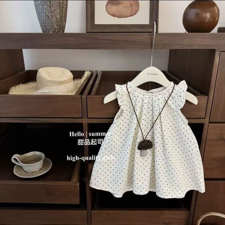 Cute Korean Children's Clothing for Baby Girls, New Year Style Polka Dot Flutter Sleeve Stylish Vest Princess Dress, Spring Festival Outfit