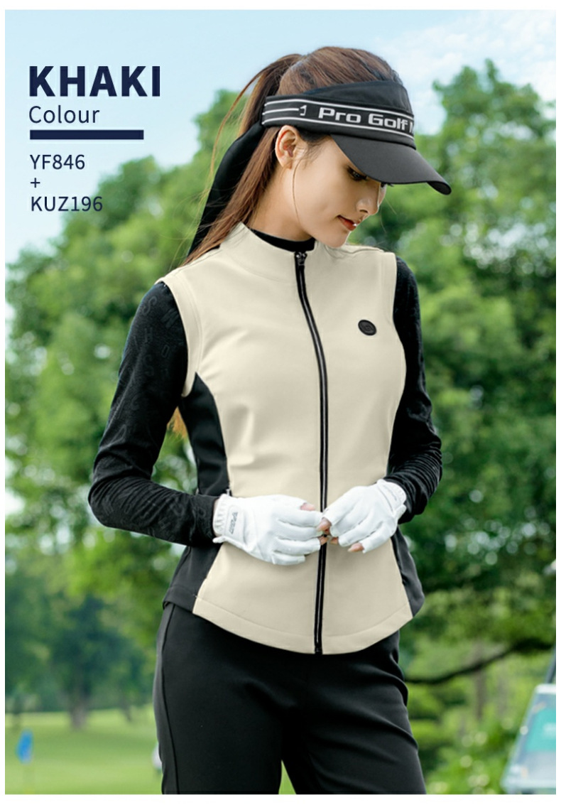 Áo vest nữ golf PGM thu đông hút ánh sáng giữ ấm, dây kéo vô hình, viền eo — Áo vest kaki [lớp lót hấp thụ ánh sáng và sưởi ấm/dây kéo vô hình/viền eo] YF846 chi tiết 16