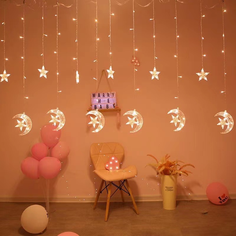 Suministro directo de fábrica LED Cadena de luz Luna celebración estrella cortina luz vacaciones habitación diseño decorativo luz estrellada cielo plug-in color luz