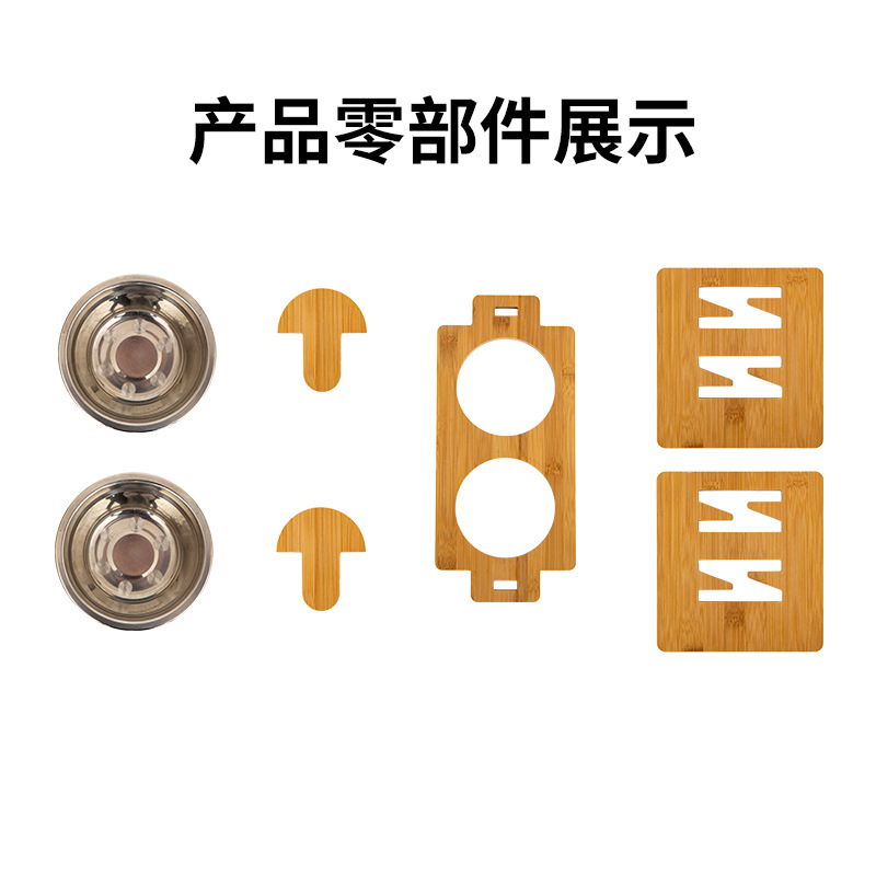En stock bambú Pet Tazón estante solo Tazón doble tazón de fuente de alimentación de mascotas estante de madera estante de alimentos con acero inoxidable tazón