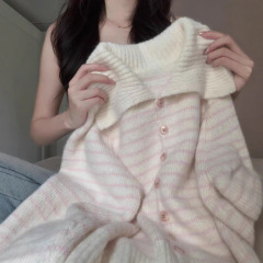 温柔甜美翻领条纹毛衣外套女秋季2025韩系高级感宽松显瘦针织开衫