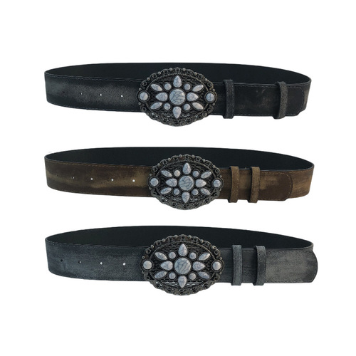 Vintage Western-style White Gemstone Women's Belt Accessories—Stylish & Unique Leather Belt for Jeans, Directly from Manufacturer