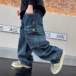 男童牛仔裤春秋装新款儿童春季直筒工装裤宽松阔腿裤子潮大童美式
