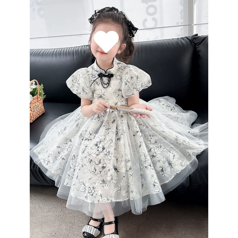 Платье для девочек, летнее платье, новинка 2025 года, стильное детское платье принцессы с пышными рукавами, платье в китайском стиле для маленькой девочки, платье династии Хань