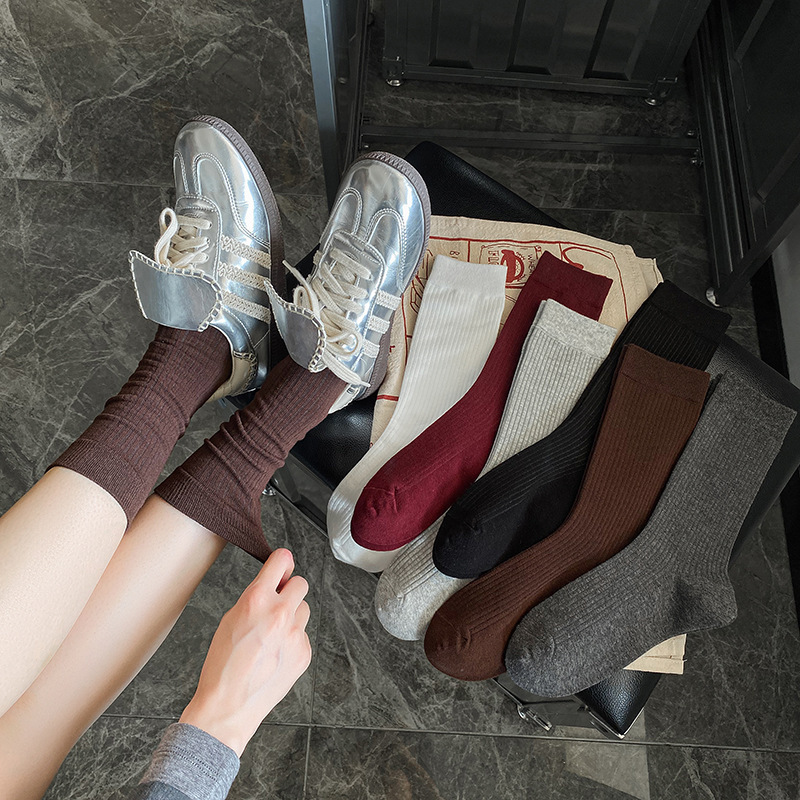 Ankora Red Socks Women's Mid-length Socks Ins Trendy Lara Socks Solid Color Cotton Socks wine red Socks Piled Stocking Women's Stockings