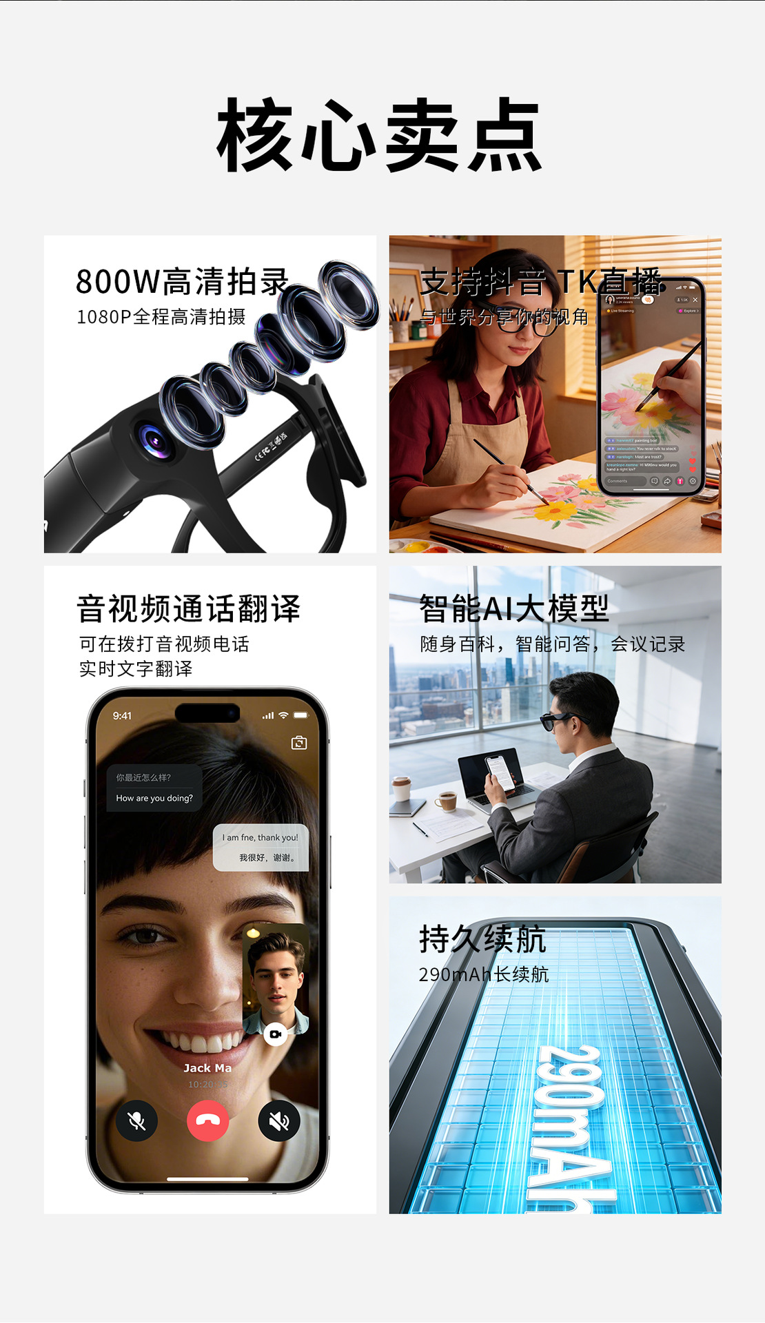 CY03 intelligente Brille mit Kamera 800W Pixel Foto Video Aufnahme austauschbare Gläser KI intelligente Brille