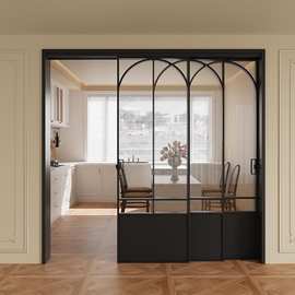 铝合金法式复古门玻璃门书房客厅隔断平移门吊轨三联动厨房推拉门