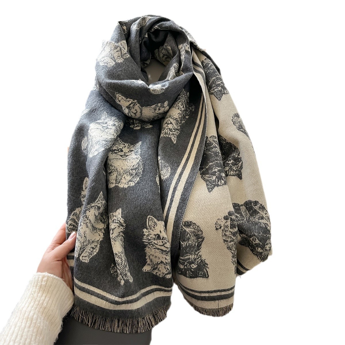 2024 nuevo japonés y coreanos encantadores gatitos impresión de doble cara bufandas de cachemira corta invierno gruesa bufandas cálidas para mujeres