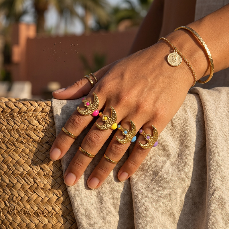 TENA Europa y América Italia clásica viento estrella luna diseño de modelado anillo de goteo personalidad joyas al por mayor