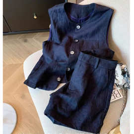 藏蓝色复古亚麻西装马甲背心套装女2025夏季新气质短裤两件套欧美