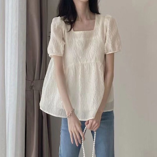 Women's Summer New Slimming Square Collar Puff Sleeve Shirt, French Texture Babydoll Top with Short Sleeve