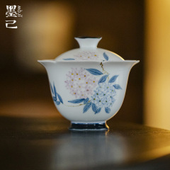墨己玉泥白磁の手描きのパステルカラーのアジサイの陶磁器の蓋の碗の工夫の茶器の高い花の口は宋のお茶の碗に似せます。