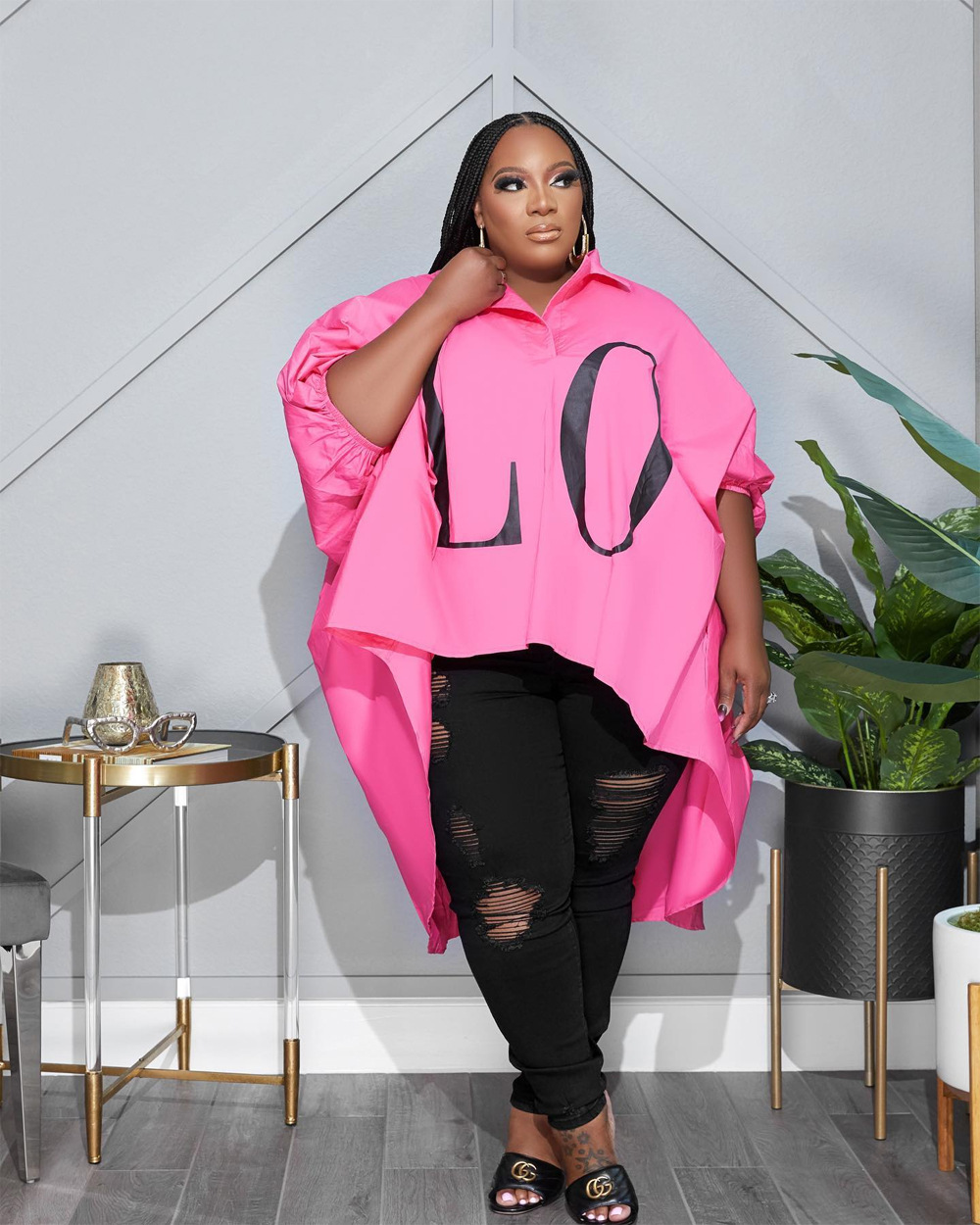 Streetwear Letter 4-way Stretch Fabric Spandex Asymmetrical Printing Blouse display picture 3