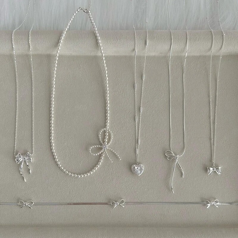 S925 Sterling Silver Pearl Bow Necklace Women's Autumn and Winter New Women's High-end Niche All-match Sweater Chain