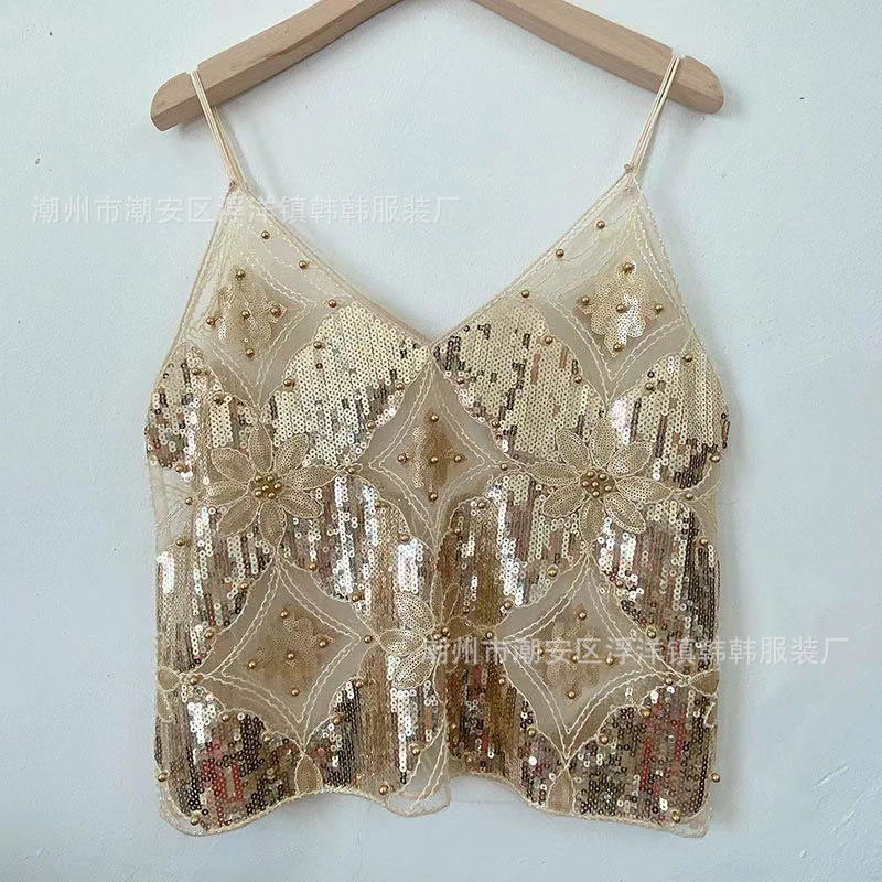 Niche Summer Женская тяжелая промышленность блестки бисером сексуальный похудения короткий V-образный вырез жилет Стильный Чистый желание