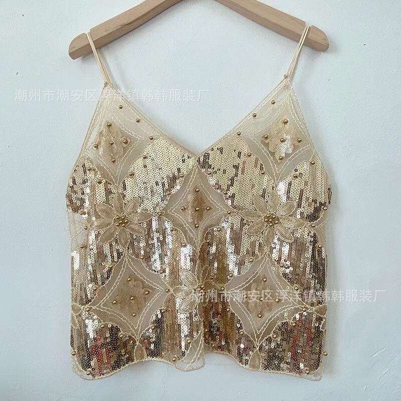 Niche Summer Women's Heavy-Duty Sequined Beaded Sling with Sexy Slimming Look Short V Neck Vest with a Sense of Design and Pure Lust Style