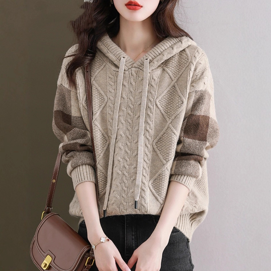 2025新款春秋冬连帽针织衫卫衣女高级感气质宽松显瘦外穿带帽毛衣