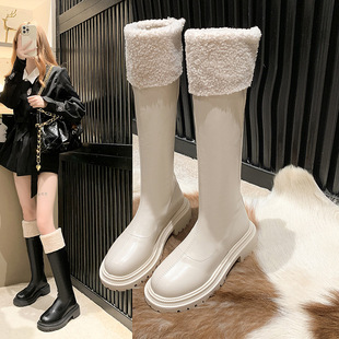 Chunky heel back zipper fleece-lined furry long Knight boots for women 2023 Autumn New Korean style round toe flanging thin boots