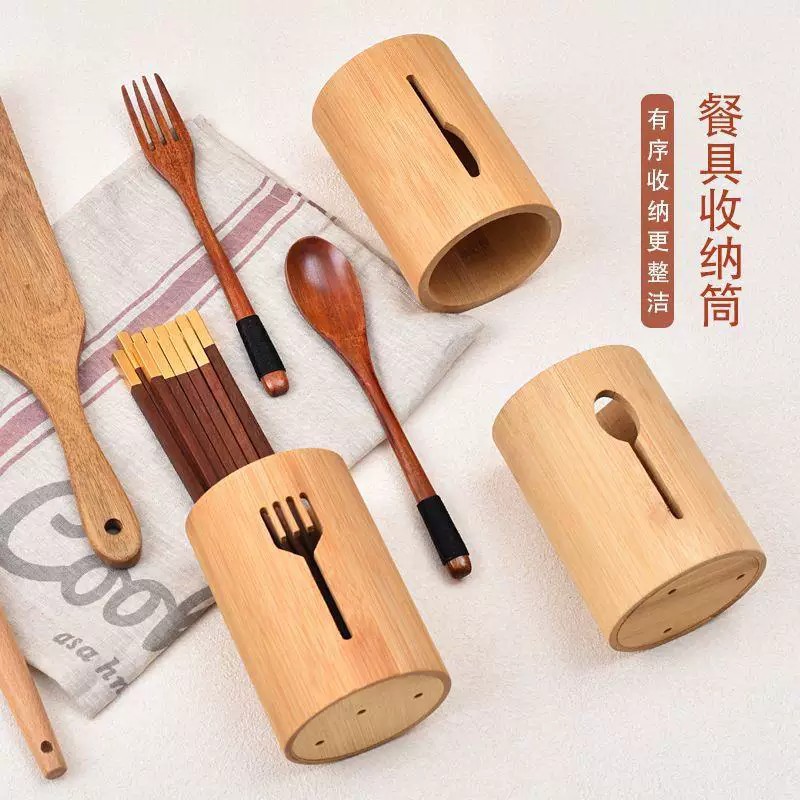 Organizador de Cubiertos de Bambú Multifuncional para Cocina